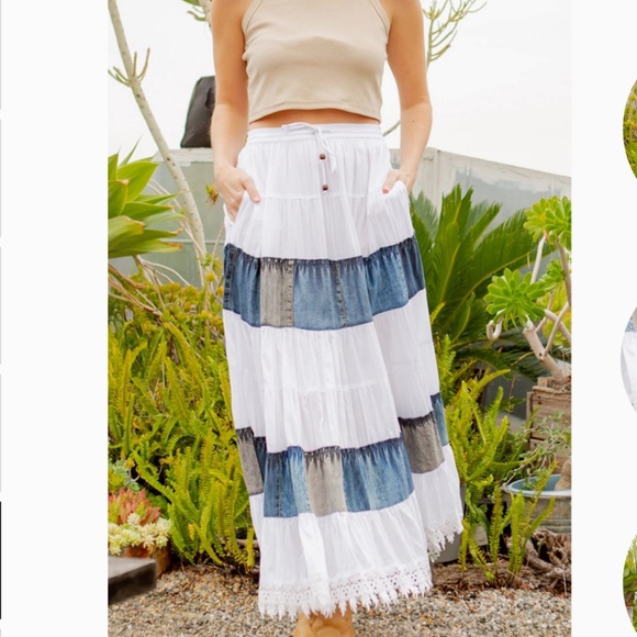 Denim Patchwork Maxi Skirt - White and Blue - Picture 5 of 6
